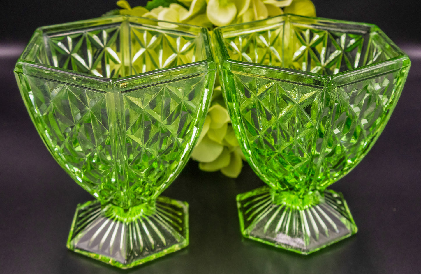 Pair of Green Depression Glass Vases