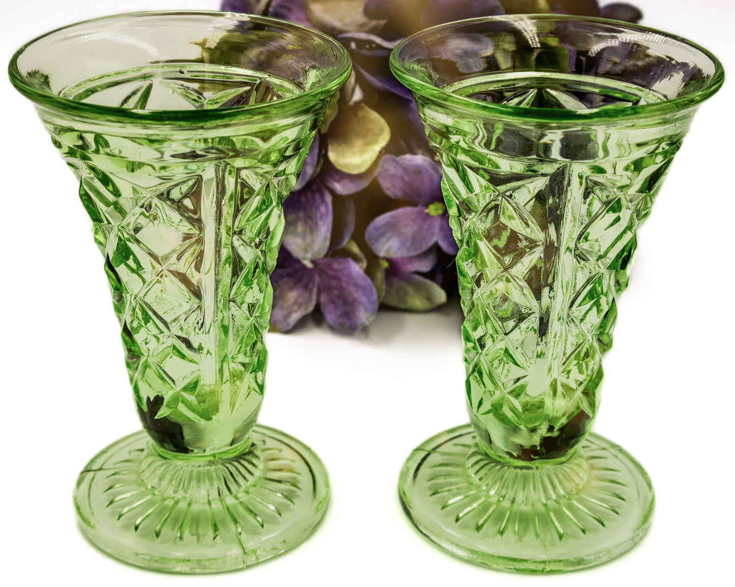 Uranium Glass Trumpet Vases 2x