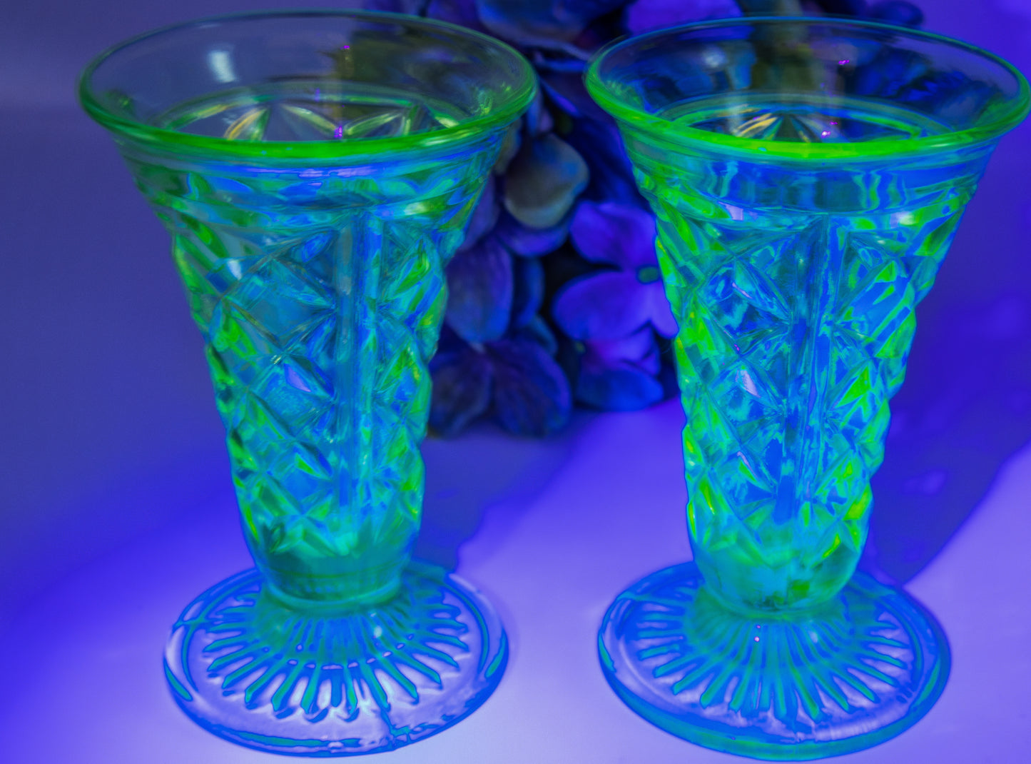 Uranium Glass Trumpet Vases 2x